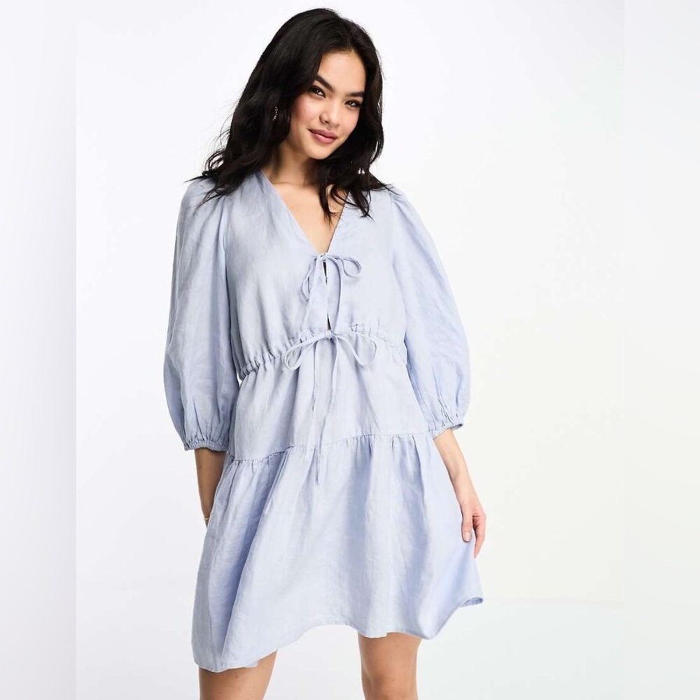 & Other Stories linen tie detail mini dress in blue - Picture 4 of 9